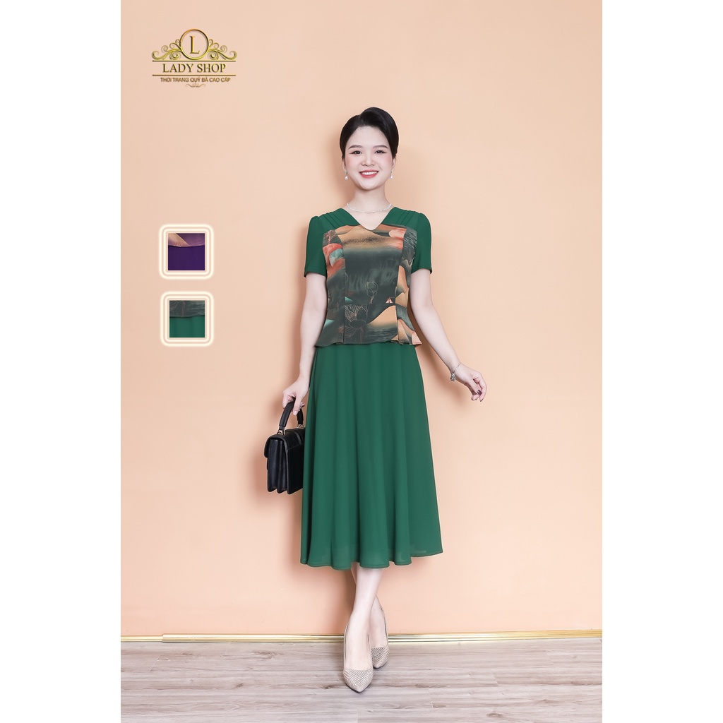 Đầm peplum lụa hoa sen phối voan Ladyshop thời trang trung niên cao cấp TK948