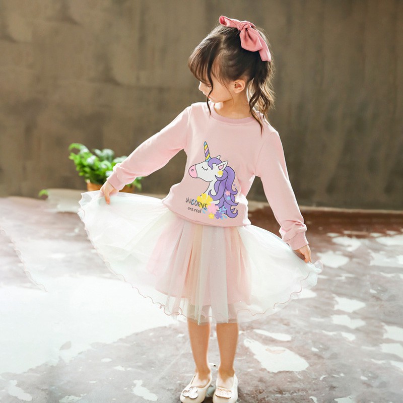 Set Áo Thun Tay Dài &amp; Chân Váy Lưới Cho Bé Gái