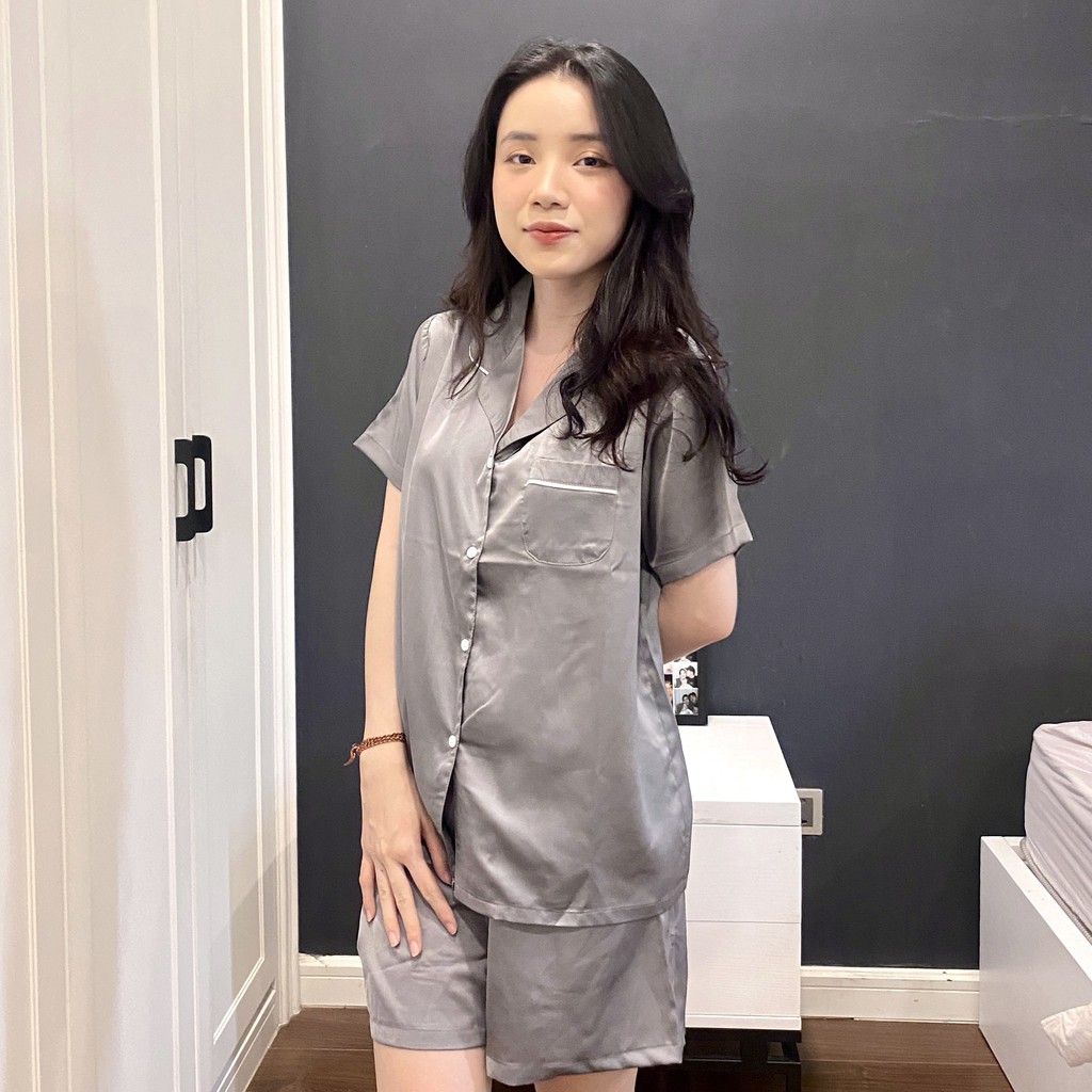 Bộ Pijama Lụa Latin - Bộ Mặc Nhà Cao Cấp Màu Xám Chất Vải mềm Mịn Thoải Mái