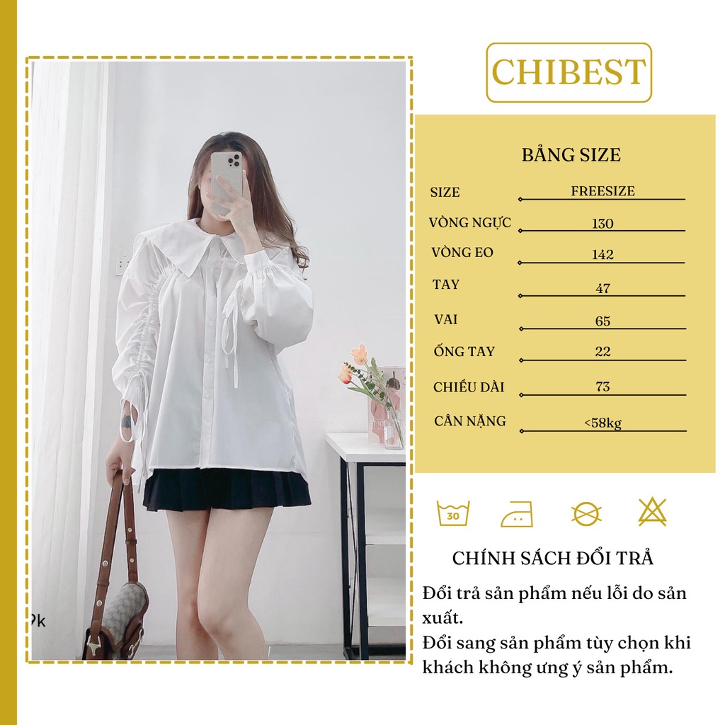 Áo sơ mi nữ cổ lá form rộng kiểu dài tay rút dây CHIBEST DAB36