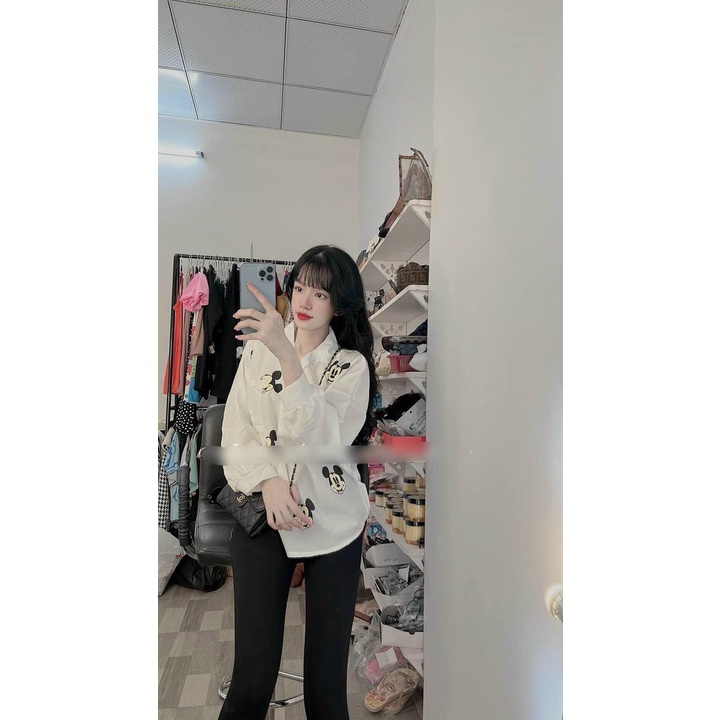 Set áo sơ mi quần legging dài, áo in hình chuột mickey cho nữ mặc nhà, mặc đi chơi, đủ màu cực tôn da, siêu xinh