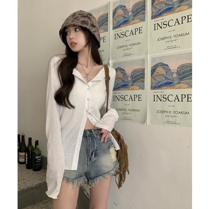 Porozi  Áo tay dài cổ chữ v màu sắc đơn giản cho nữ