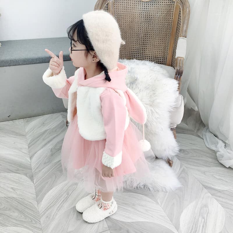 Váy kèm áo khoác ghile lông tai thỏ cho bé gái 8-17kg - Shubishop.vn