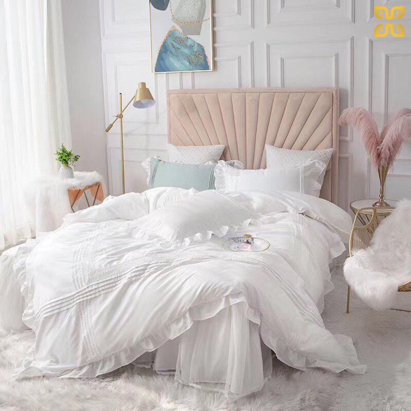 Bộ chăn ga gối cotton lụa bèo nhúm siêu xinh- Chăn ga gối bèo nơ chùm giường cao cấp hàng nhập khẩu