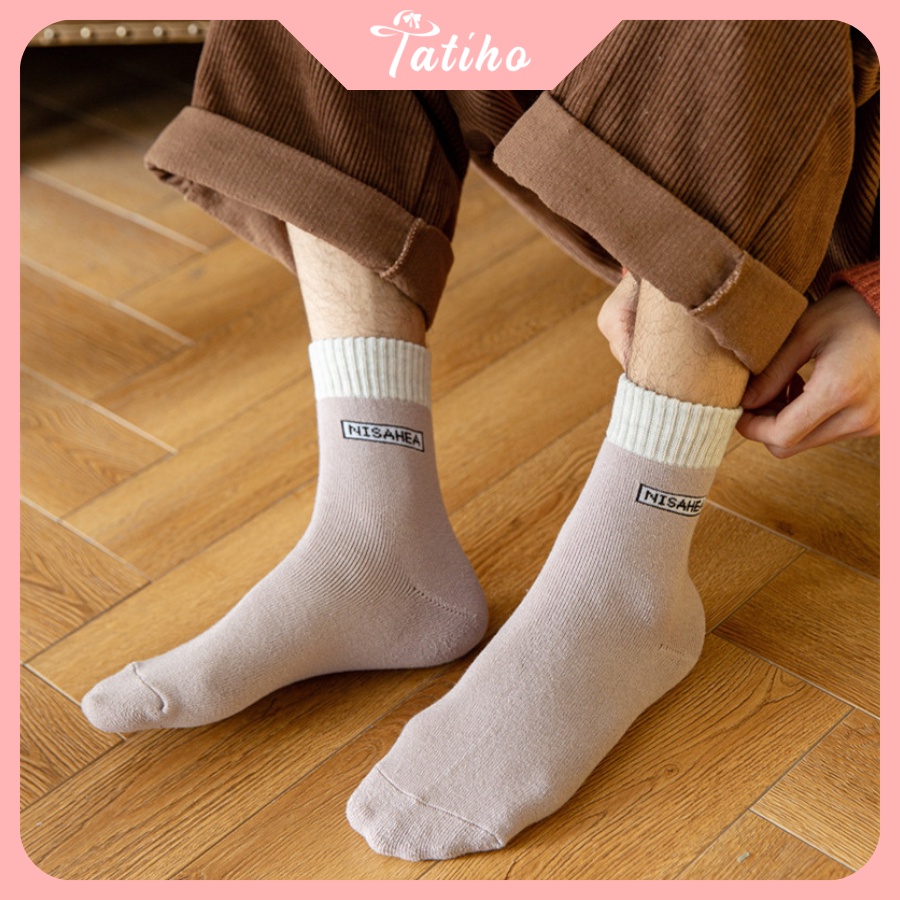 Tất Vớ Unisex Nam Nữ Cổ Cao Chất Cotton Dày Dặn Họa Tiết Trơn Phối Chữ Ở Cổ Năng Động Phong Cách Hàn Quốc - Mã TV035