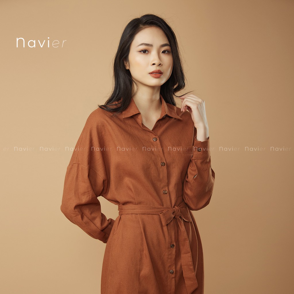 ĐẦM SƠ MI NỮ DÁNG DÀI SUÔNG KÈM DÂY ĐAI PHONG CÁCH ULZZANG - LINEN SHIRT DRESS D03 NAVIER | BigBuy360 - bigbuy360.vn