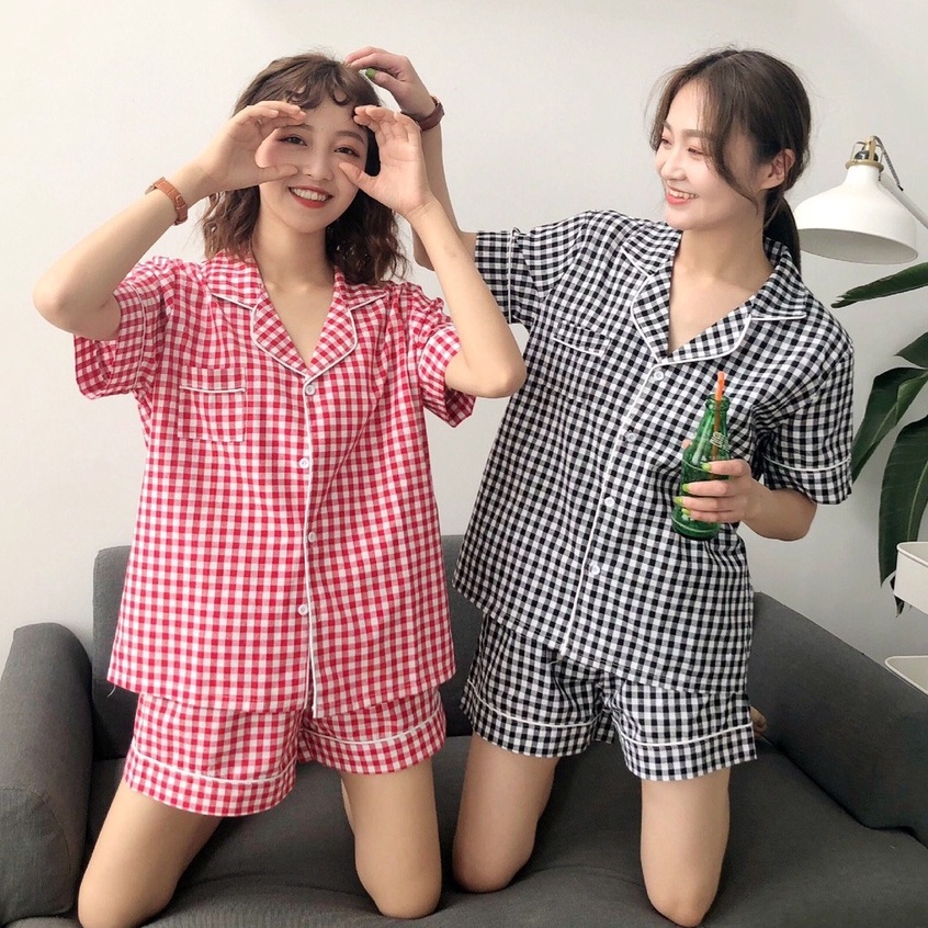 Bộ Ngủ Pijama Cộc Kẻ Caro PEONYB Nữ [FREESHIP]  Set quần short ống rộng kèm áo ngắn tay mặc ở nhà mùa hè Ulzzang
