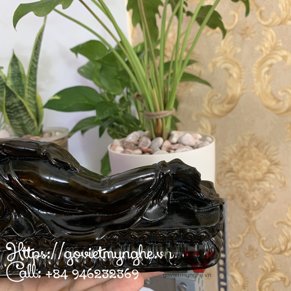 Tượng đá trang trí tượng Phật Thích Ca nhập niết bàn - Tượng Phật Thích Ca Nằm - Dài 23cm - Màu nâu đen
