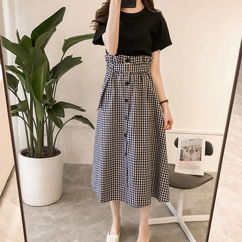 Set áo thun ngắn tay cổ tròn + chân váy lưng cao thời trang Hàn Quốc cho nữ