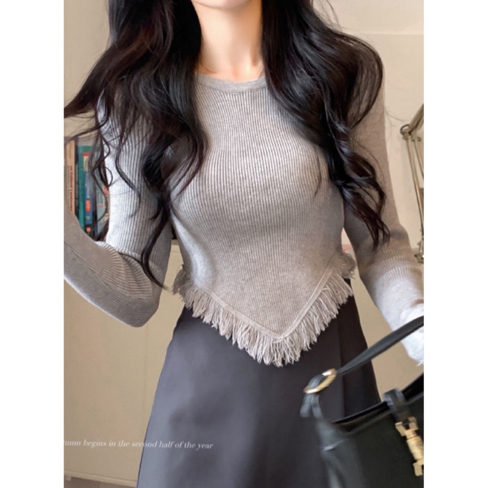 Jiashucheng Áo Dệt Kim Tay Dài Dáng Ôm Ngắn Phối Tua Rua Thiết Kế Không Đều Cá Tính Cho Nữ