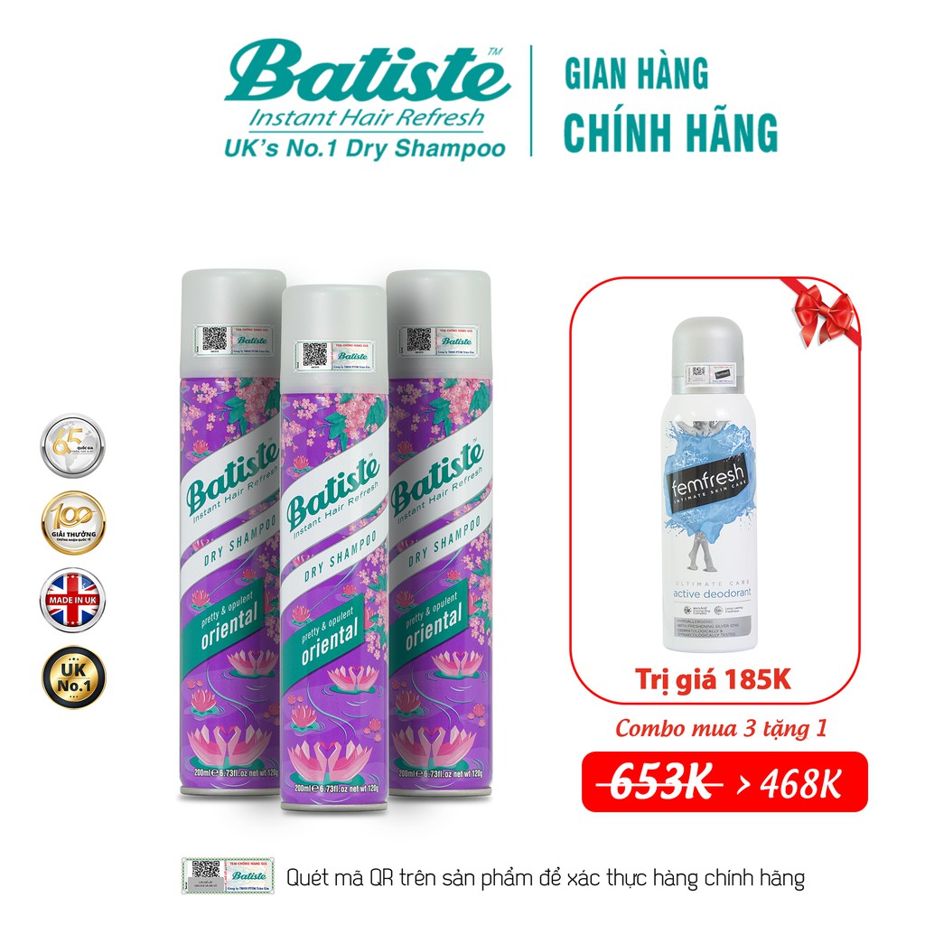 [ COMBO TỰ TIN RẠNG NGỜI] Mua 03 Dầu Gội Khô Batiste 200ml Tặng Ngay 01 Sản Phẩm FemFresh Anh Quốc 198K