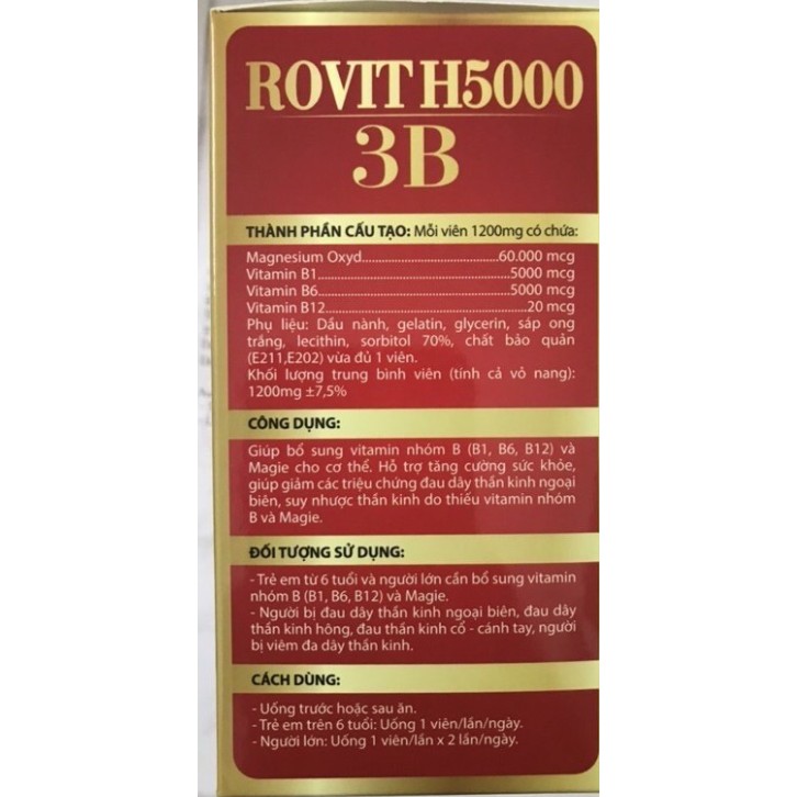 Rovit h5000 3b hộp 100 viên - bổ sung vitamin nhóm b,mg,giảm triệu chứng đau dây thần kinh ngoại biên
