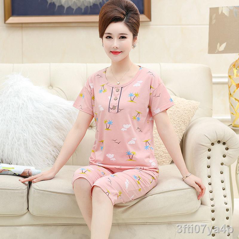 Bộ đồ ngủ dành cho bà mẹ trung niên và cao tuổi, quần tây nữ ngắn tay bằng vải cotton phù hợp với người béo cộng