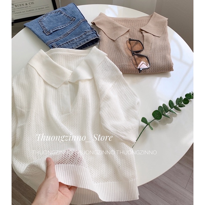 [Ảnh thật/Video] Áo phông mongtogi Ding sợi dệt lưới có cổ chất đẹp phong cách hàn Quốc