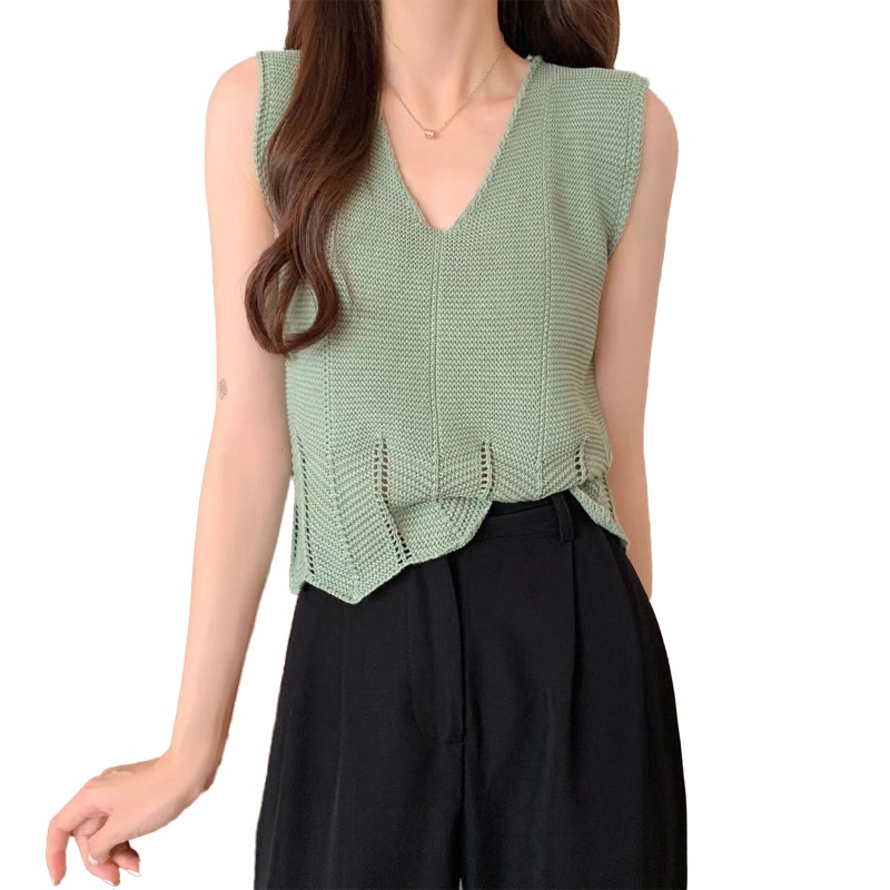 Xiangbao Áo Sweater Dệt Kim Sát Nách Cổ Chữ V Màu Trơn Viền Lượn Sóng Rỗng Gợn