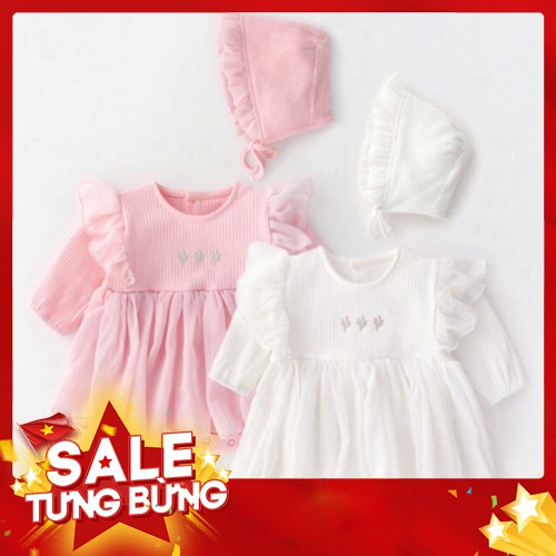 -Hàng nhập khẩu Sét Váy Body Cánh Tiên Dài Tay Đầy Tháng/ Thôi Nôi Cho Bé Gái vải đũi mát (Kèm Mũ Bèo Tiểu Thư) Liên hệ