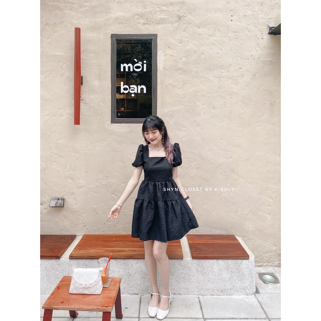 [ Rẻ Vô Địch - Hàng Sẵn ] Váy 2 lớp cổ vuông tay bồng cột dây lưng, Đầm babydoll gấm hoa nổi cột dây - Shyn.Closet | BigBuy360 - bigbuy360.vn