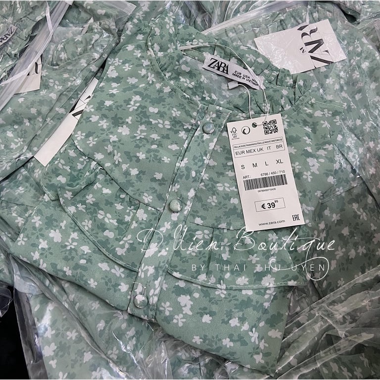 Áo kiểu sơ mi hoa voan bèo ngực túi zip