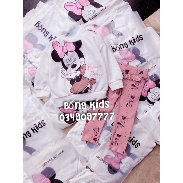 Bộ Nỉ Legging Bé Gái Minnie Nơ Nhũ Hồng PR