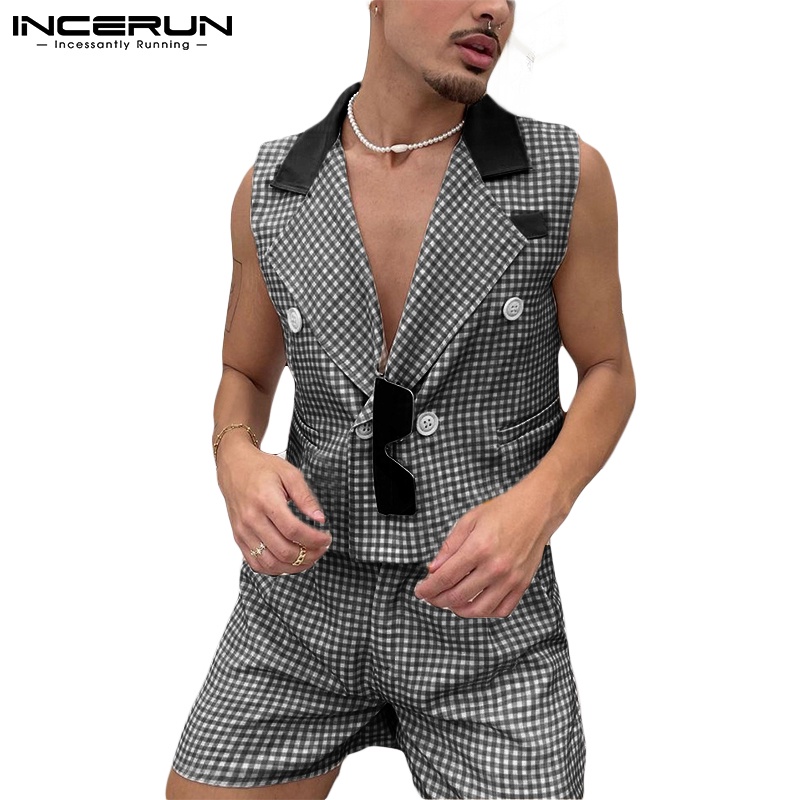 Set đồ 2 mảnh INCERUN gồm áo ghi lê và quần short sọc caro thời trang cá tính cho nam