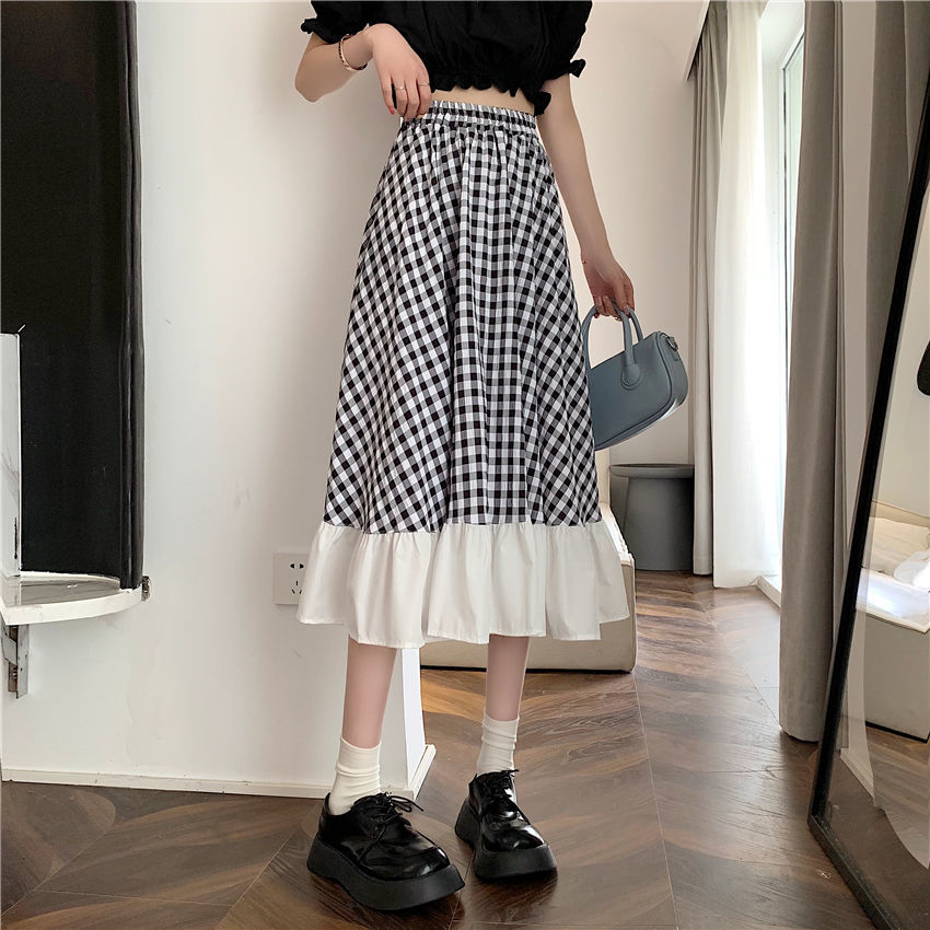 Gangfeng Small Fresh Age Reducing Plaid Splicing Skirt Summer 2021 Female Student Loose Korean Versatile Skirt[delivery Within 15 Days ]