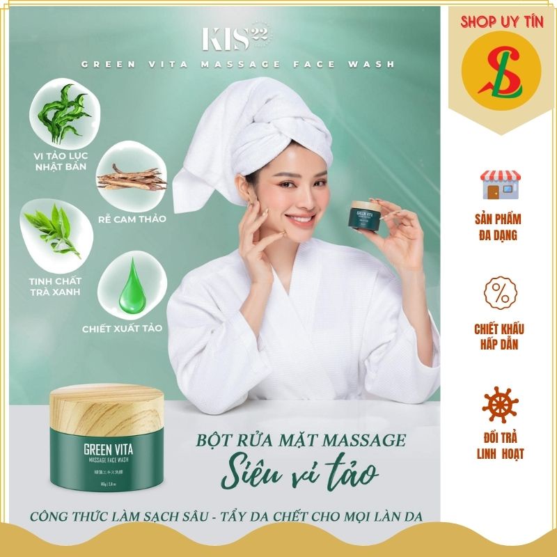 Bột rửa mặt massage vi tảo KIS22 Green Vita sáng da sạch mụn tẩy tbc se khít lỗ chân lông MatxiCorp 80g NPP Songliemshop