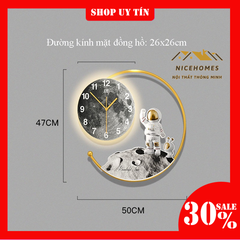 Đồng hồ phi hành gia kim loại treo tường decor, đồng hồ trang trí nhà cửa phòng khách có đèn nghệ thuật NPR34