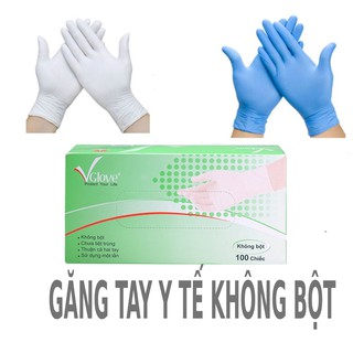Găng tay không bột Vglove bao tay dùng trong chế biến thực phẩm, nấu ăn, thẩm mỹ, spa 2 màu trắng xanh hộp 100 cái