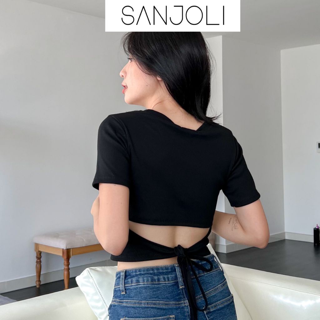 Áo croptop nữ Sanjoli hở lưng tay ngắn ôm body kiểu cut out cột dây vải cotton co giãn thoáng mát AO064