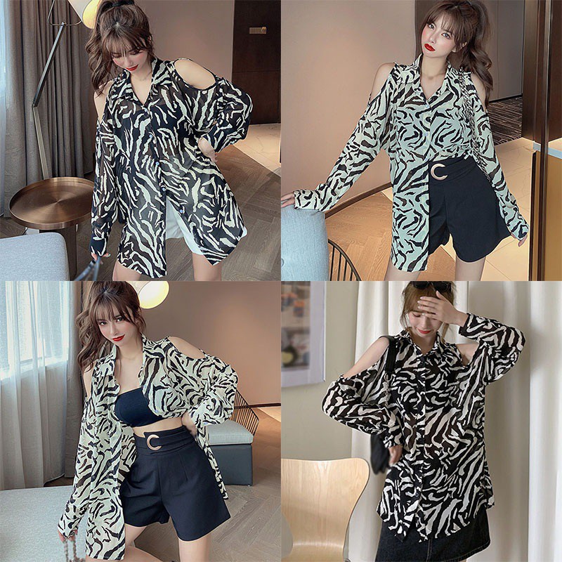 Áo sơ mi trễ vai họa tiết da báo thời trang cá tính dành cho nữ