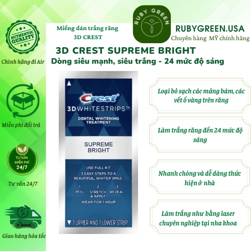 Miếng dán trắng răng Crest 3D White Professional Effects, Supreme Bright - 1 GÓI CHÍNH HÃNG Crest 3D Whitestrips