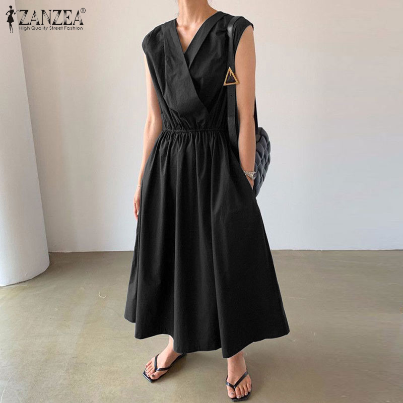 ZANZEA Women Casual V-Neck Sleeveless Swing Pleated Loose Long Dress | BigBuy360 - bigbuy360.vn