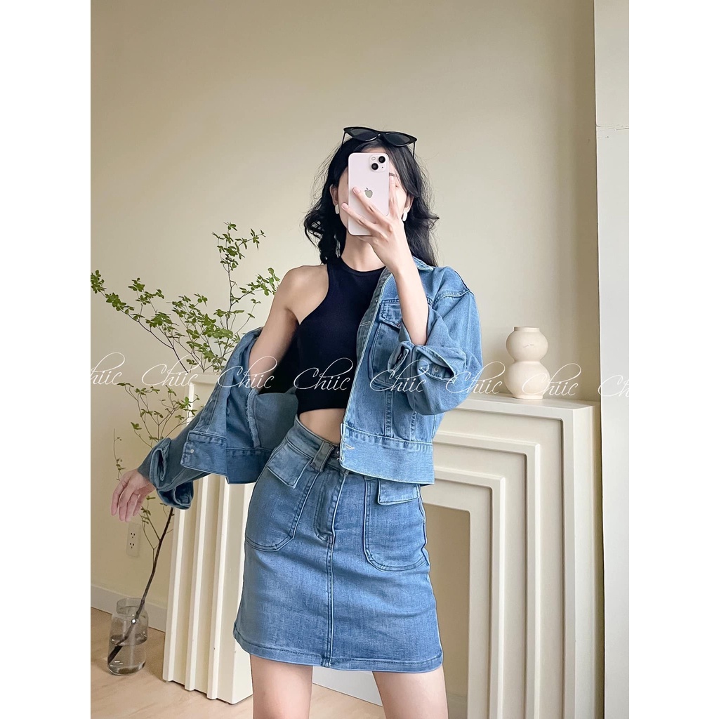 Chân váy jean 2 nắp túi xinh chất jean mềm - MS108