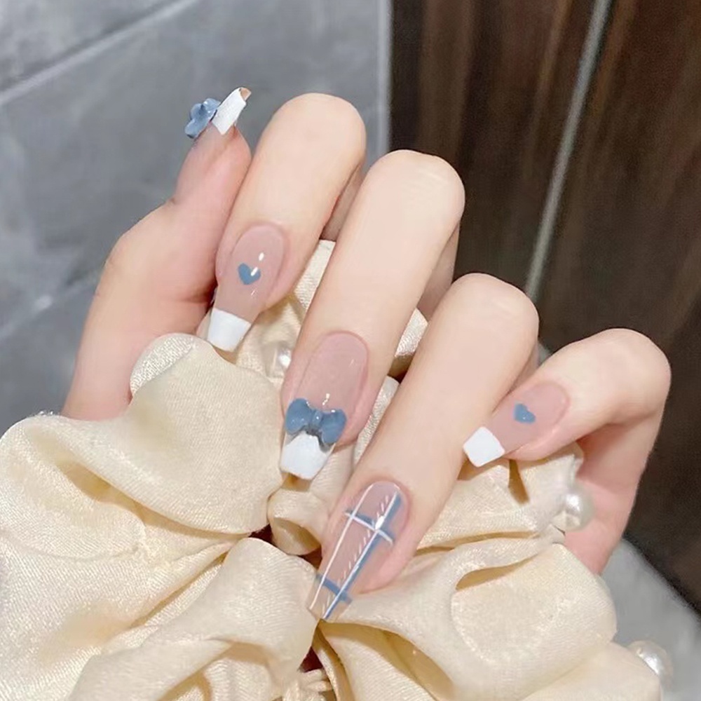 Bộ 24 móng tay giả ngắn đính nơ dành cho bé gái