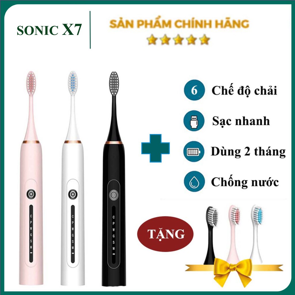 Bàn chải điện Sonic X7 bản nâng câp, Bàn chải đánh răng điện công nghệ Châu Âu với 6 chế độ rung có thể dùng cho trẻ em