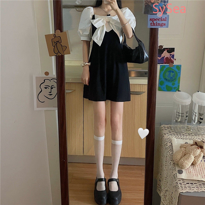 Đầm Ngắn Tay Cổ Vuông Phối Nơ Xinh Xắn Phong Cách Retro Dành Cho Nữ