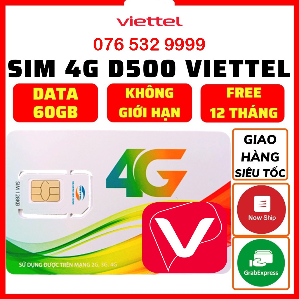 Sim 4G Viettel D500 Có 500K Trọn Gói 1 Năm 60Gb (5Gb/Tháng) Data Không Giới Hạn - Sim Vào Mạng 1 Năm