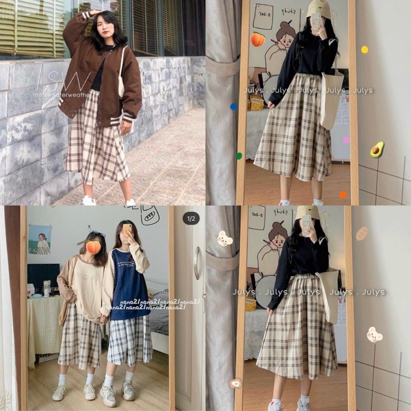 Chân Váy CARO SKIRT quốc dân form suông dài chuẩn dễ phối chất vải dày dặn lưng chun rộng có co giãn | BigBuy360 - bigbuy360.vn