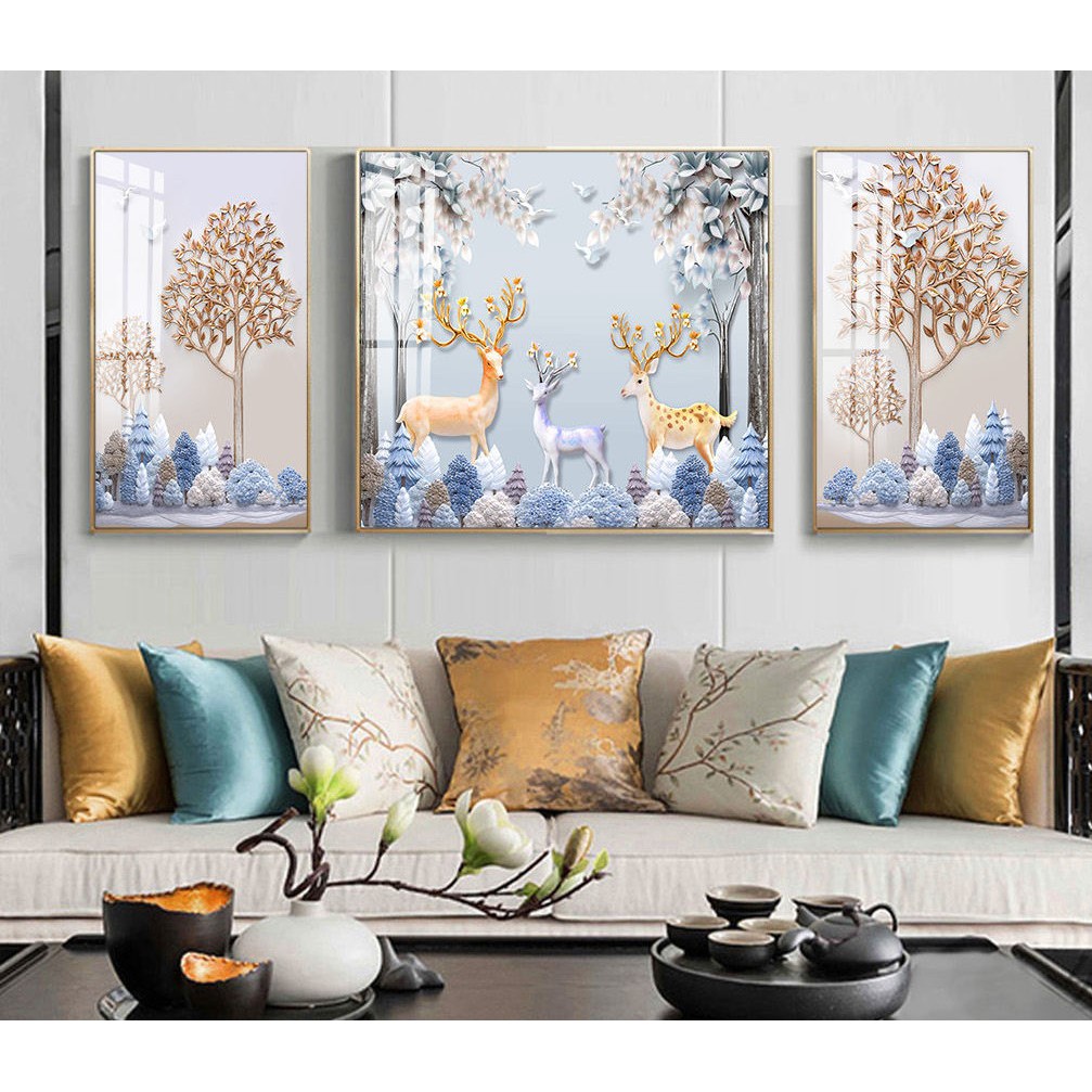 TRANH BỘ 3 TREO TƯỜNG CỠ ĐẠI- HƯƠU TÀI LỘC THIỂN NGA- GIÁ RẺ - MELYHOME- TB31009FGC7