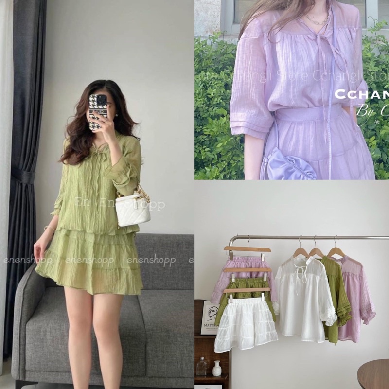 Set áo tơ babydoll &amp; chân váy xếp tầng cạp chun