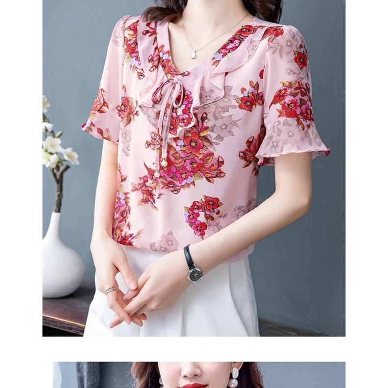 Áo Sơ Mi Voan Ngắn Tay In Họa Tiết Hoa Thời Trang Mùa Hè Dành Cho Nữ