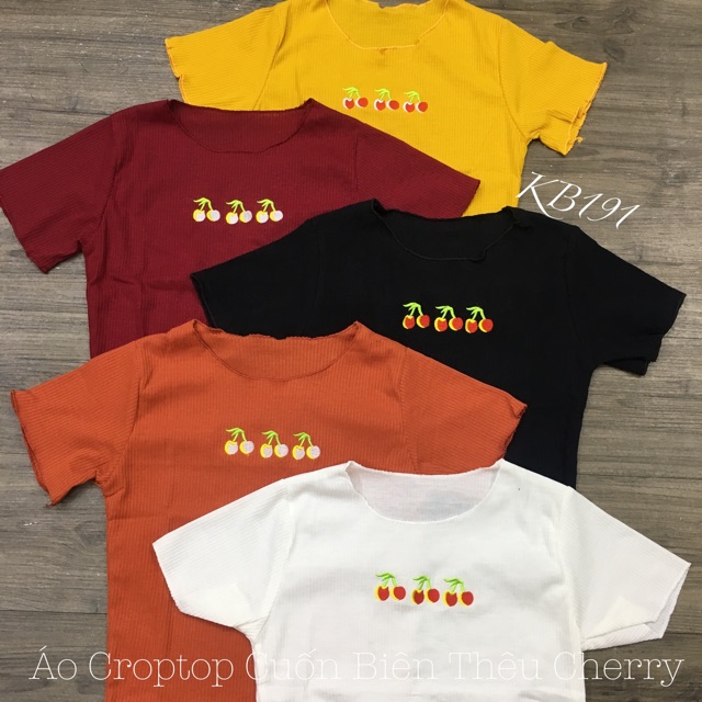 Áo Croptop Tay Ngắn Cuốn Biên Thêu Cherry