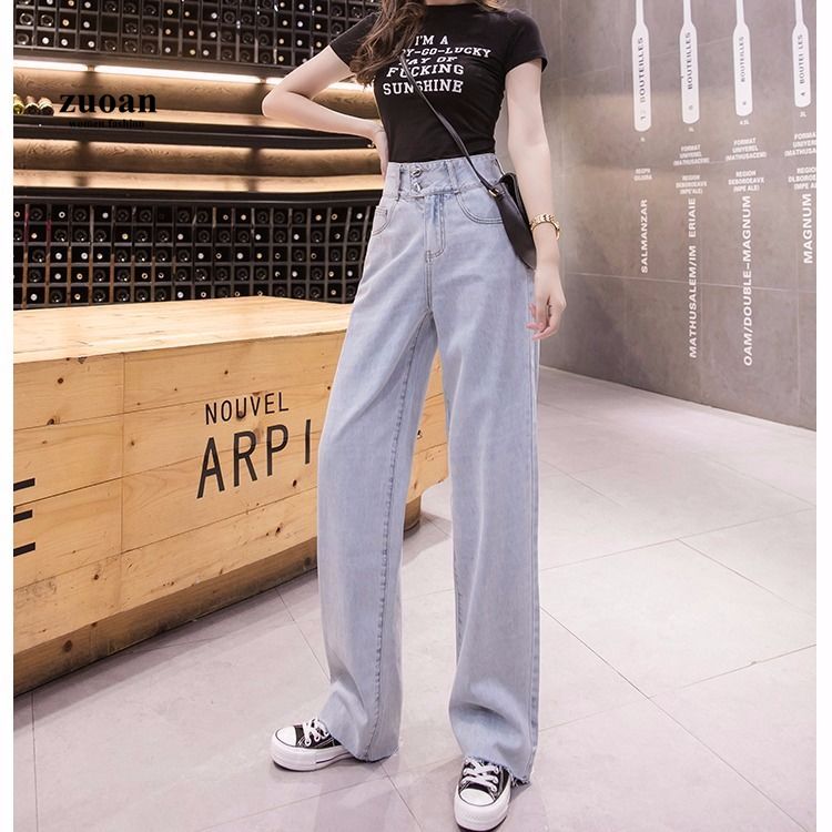SUXI Quần jean eo cao ống rộng thời trang Hàn Quốc cá tính cho nữ
