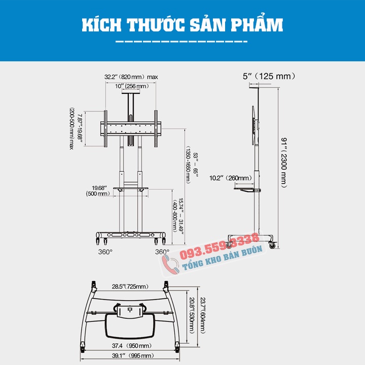 Giá Treo Tivi Di Động NB AVA1800 55 - 65 - 70 - 75 - 80 Inch - Kệ Giá Đỡ Tivi Có Bánh Xe Di Chuyển