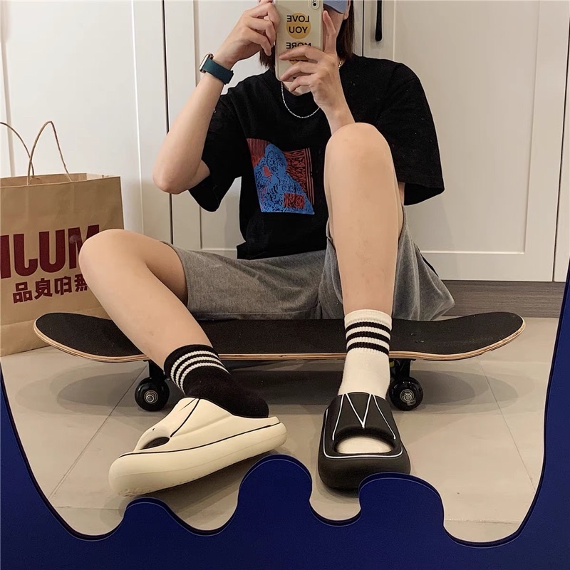 Dép bánh mì,dép quai ngang mix màu trắng&đen phong cách Ulzzang