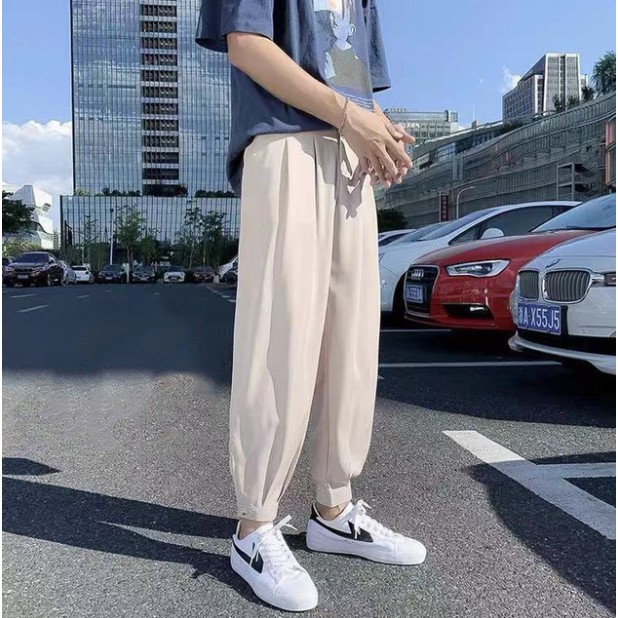 Triple A💕Summer ice silk pants men's thin loose drape casual trousers ins Korean version of the trend of Harlan nine-point trousers tide