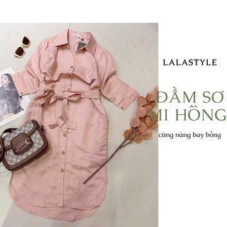 Đầm sơ mi linen màu hồng Lalastyle