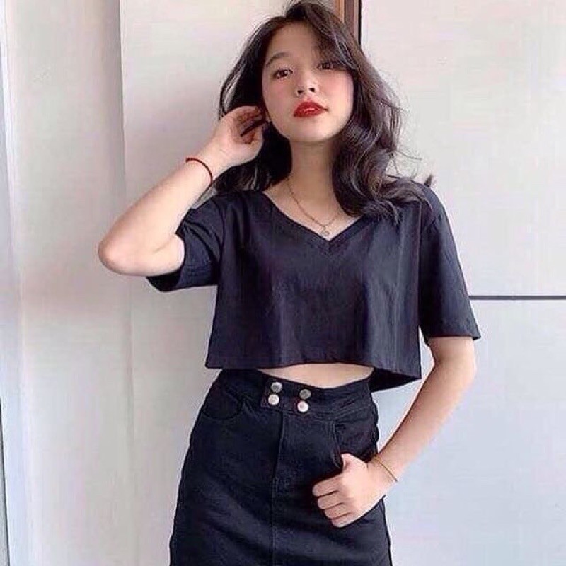 Áo Croptop Cổ Tim🌸Phông Nữ Trơn Tay Ngắn Cổ V Basic Trắng|Đen