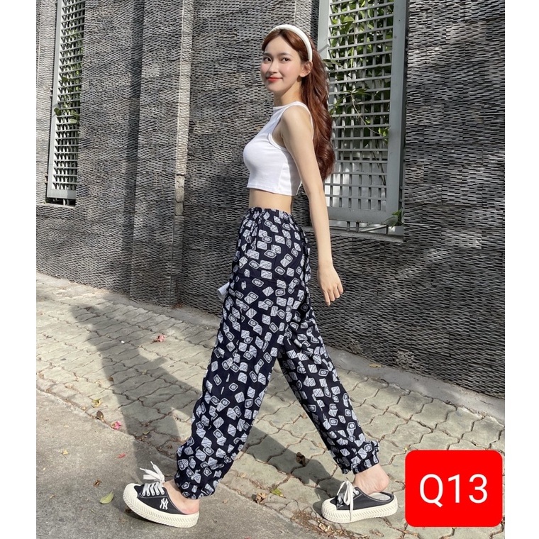 Quần dài nữ họa tiết jogger NEONVN - bo chun chất lụa hàn mặc nhà, đi chơi phong cách Hàn Quốc