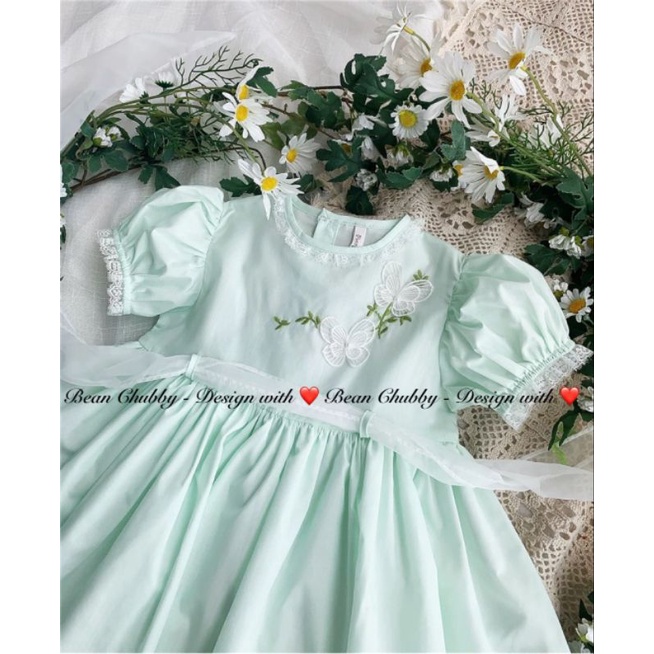 Đầm thô Hàn Quốc baby doll xanh mint pastel phối ren 1-10y